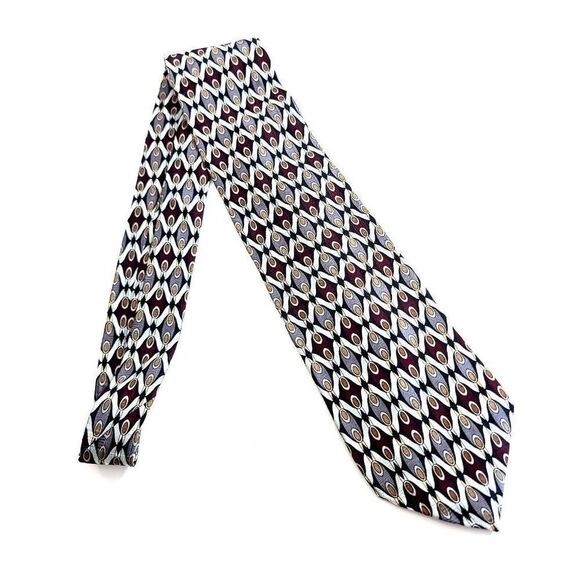 Martin Wong Red Silver Tan Print Short Wide Silk Tie - Picture 6 of 6